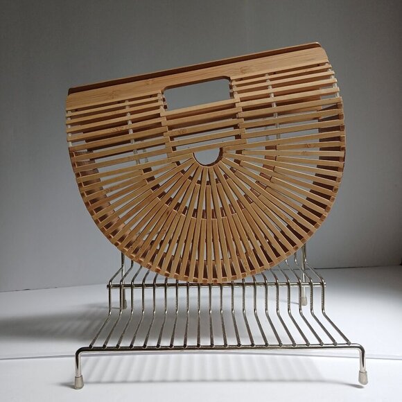 Woven Rattan Tan Bamboo Semi Circle Arc Satchel Bag - Picture 1 of 9